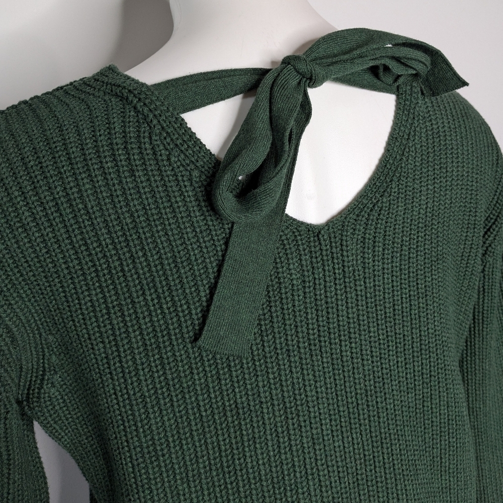 Pact Organic Green Heavy Knit V Neck Tie Back Long Sleeve Cotton Sweater XS - Picture 4 of 8